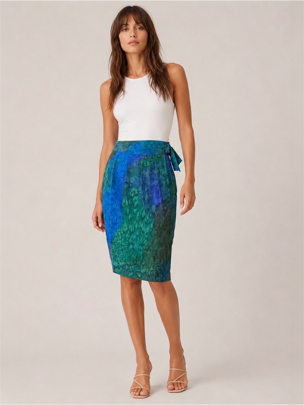Vintage Diane Gilman 100% Silk Wrap Skirt Blue Green Watercolour Peacock Print S